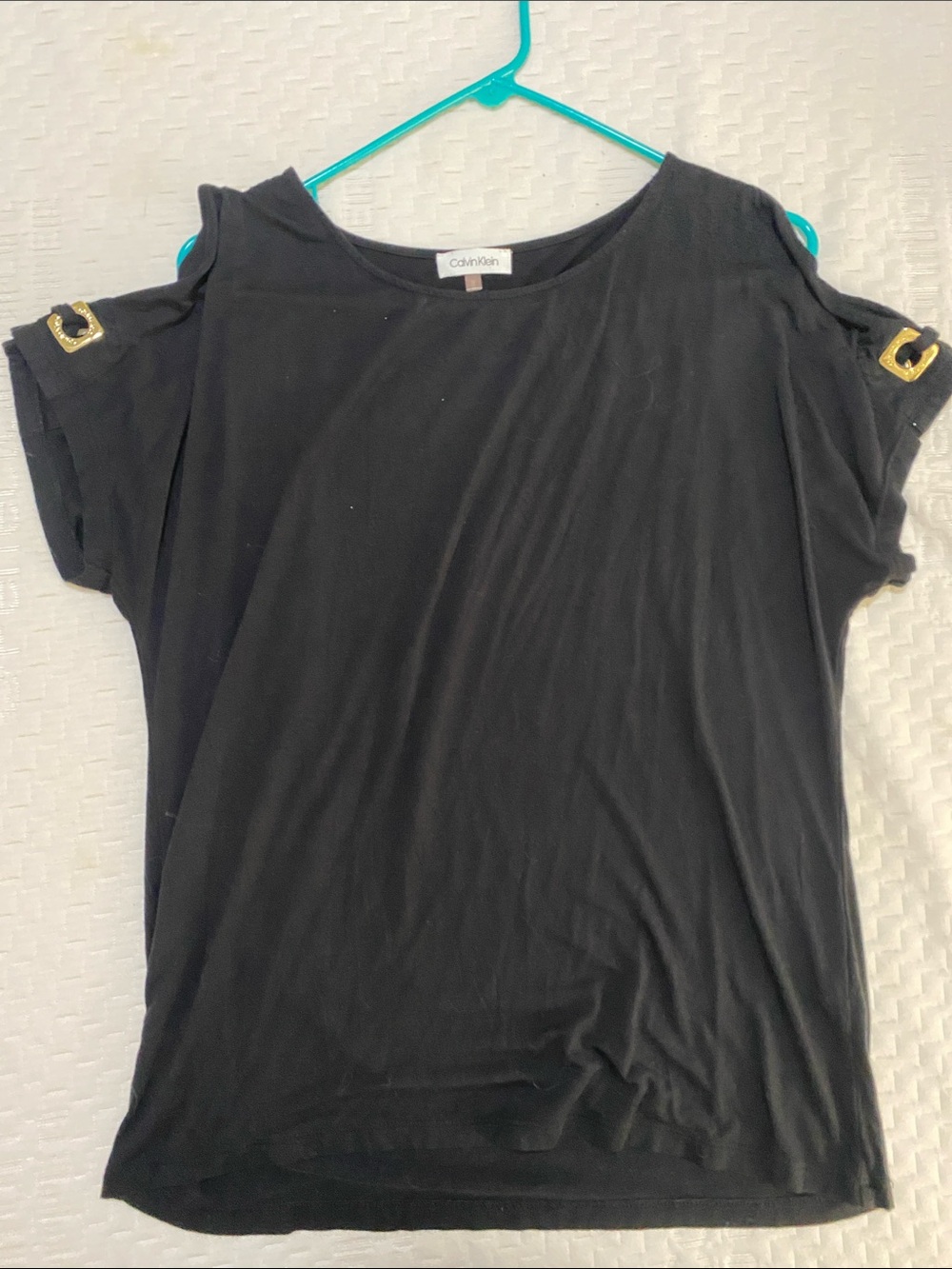 Calvin Klein Black Cold-Shoulder Top with Gold Accent Mask
